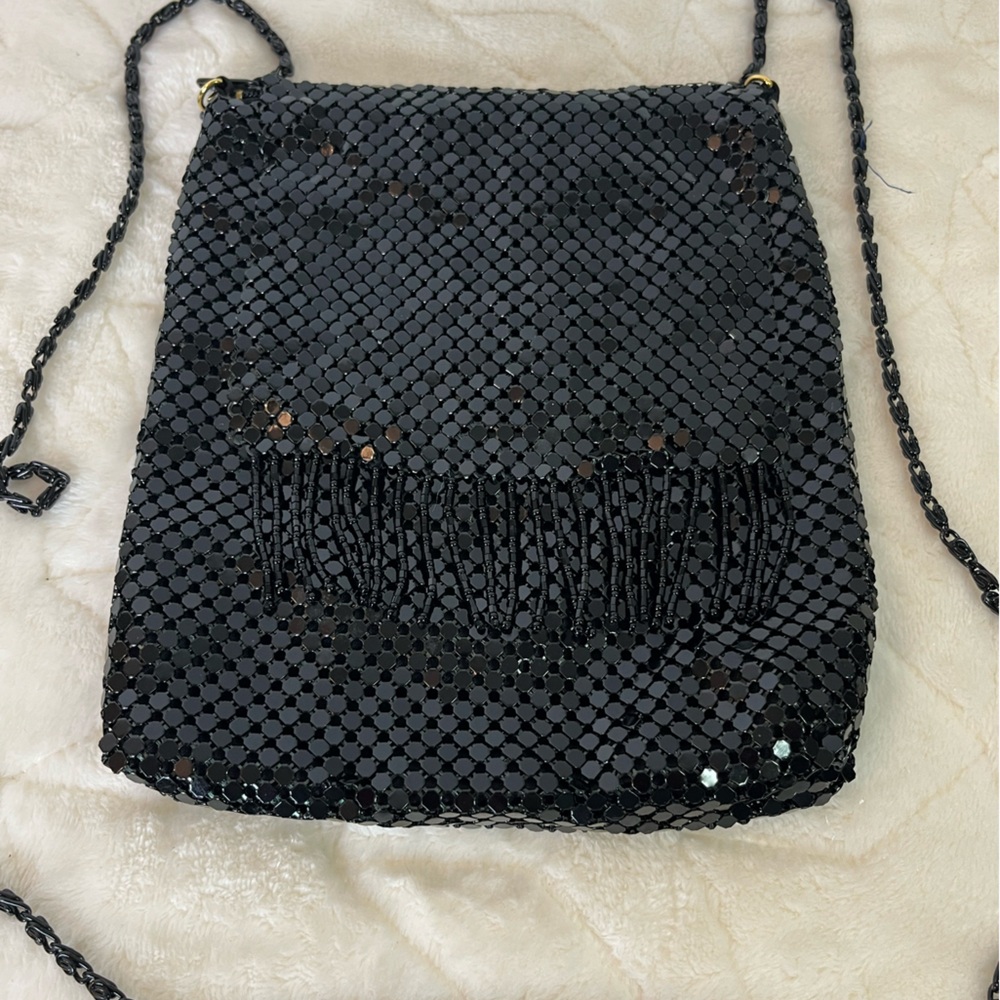 Black Mesh Purse Handbag Evening Metal Bag Cross Body Long Chain Vtg Formal